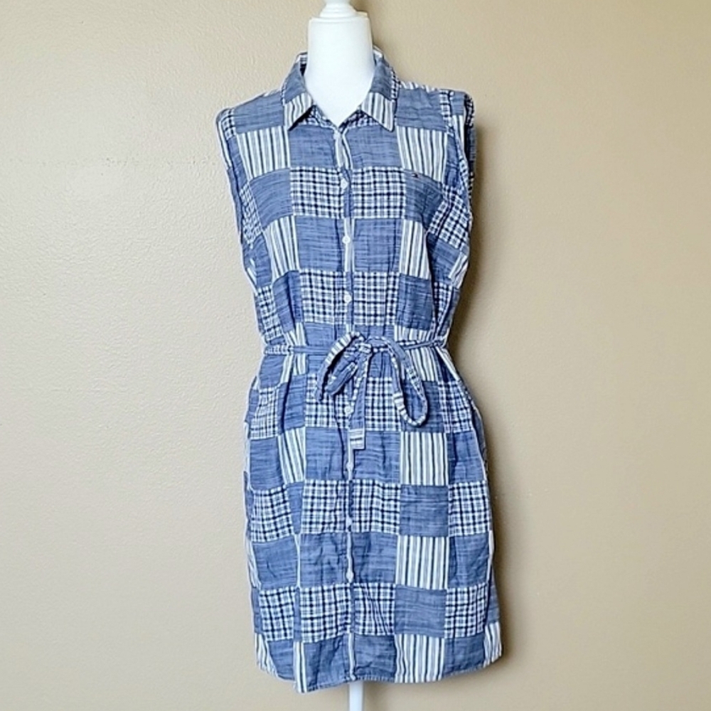 Tommy Hilfiger Blue Patchwork Belted Midi Dress Cottagecore Spring - Size 14